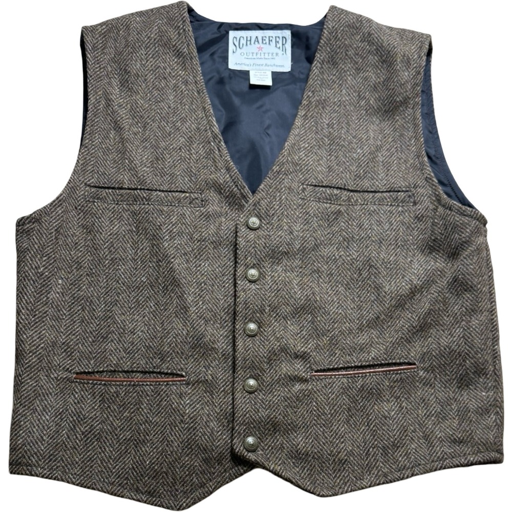 Schaefer Outfitter 828 Wool Vest Mens Medium Brown Good Herringbone Ranchwear